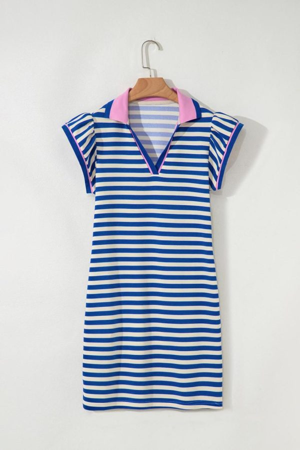Short Dresses | Women Dark Blue Striped Ruffle Short Sleeve Pop Of Color Neckline Dress - Image 2