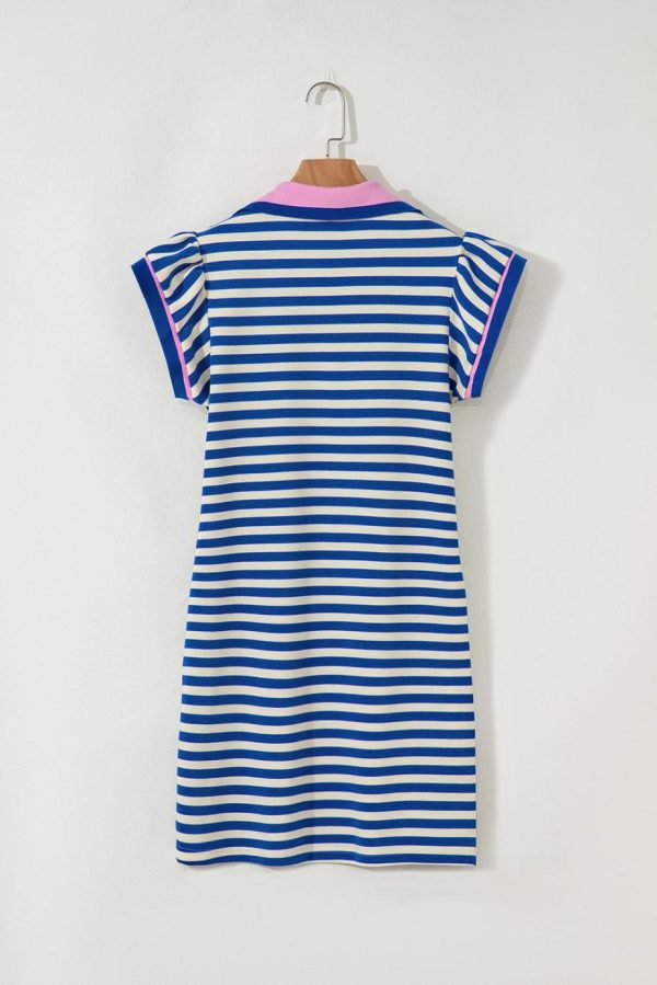 Short Dresses | Women Dark Blue Striped Ruffle Short Sleeve Pop Of Color Neckline Dress - Image 3