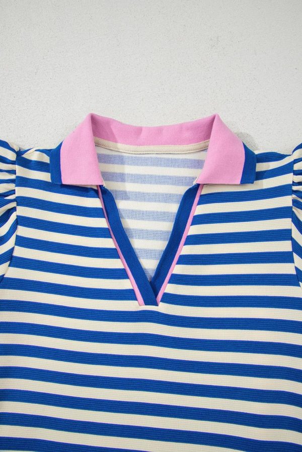 Short Dresses | Women Dark Blue Striped Ruffle Short Sleeve Pop Of Color Neckline Dress - Image 4
