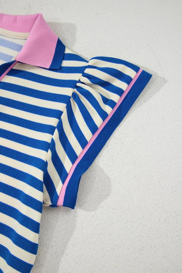 Short Dresses | Women Dark Blue Striped Ruffle Short Sleeve Pop Of Color Neckline Dress - Image 5