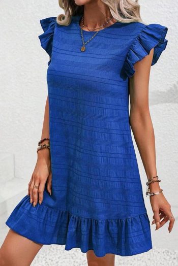 Short Dresses | Women Dark Blue Textured Flutter Sleeve Ruffle Mini Dress