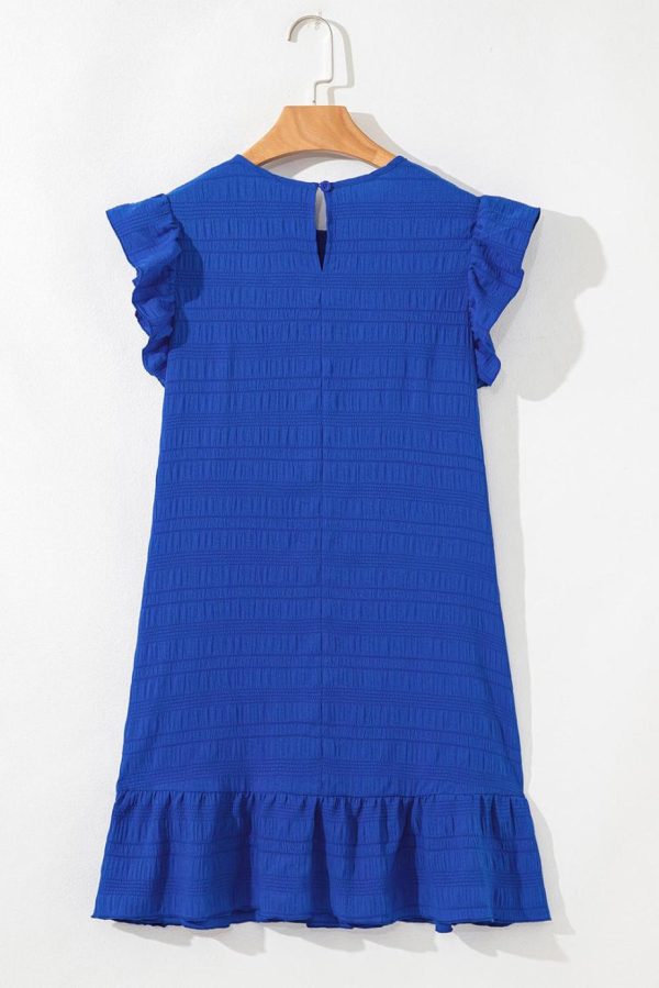 Short Dresses | Women Dark Blue Textured Flutter Sleeve Ruffle Mini Dress - Image 4