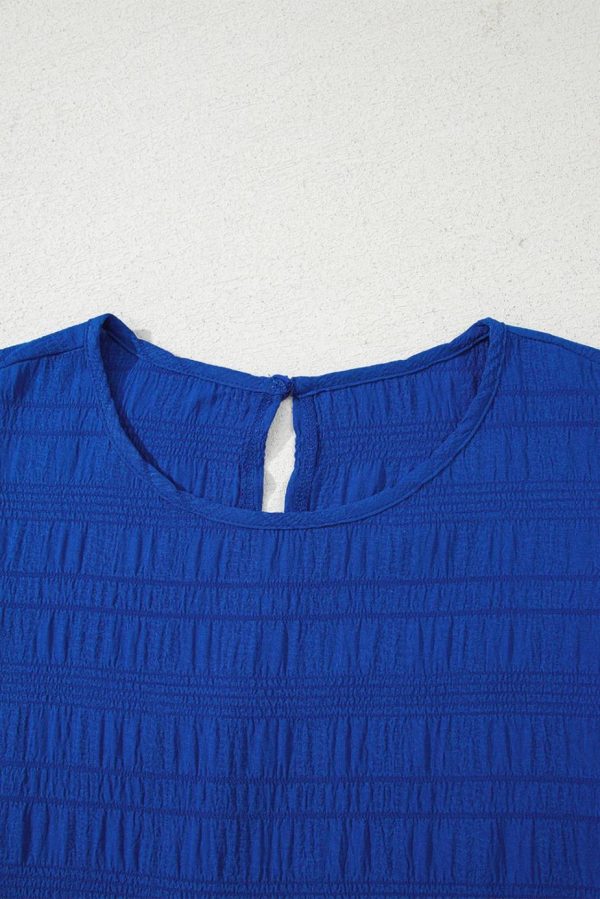 Short Dresses | Women Dark Blue Textured Flutter Sleeve Ruffle Mini Dress - Image 5