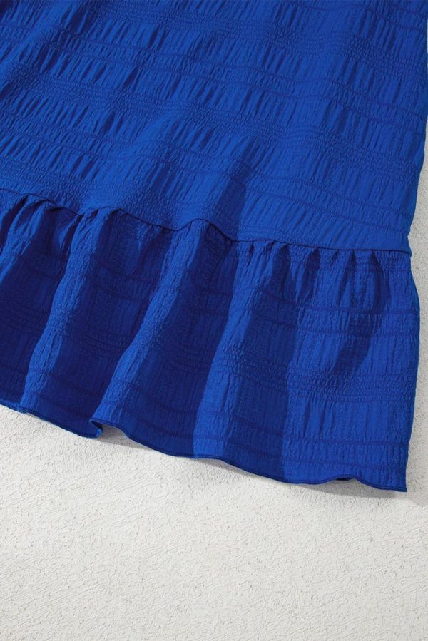 Short Dresses | Women Dark Blue Textured Flutter Sleeve Ruffle Mini Dress - Image 7