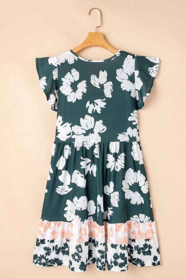Short Dresses | Women Dark Green Floral Print Ruffle Sleeve Empire Waist Mini Dress - Image 6
