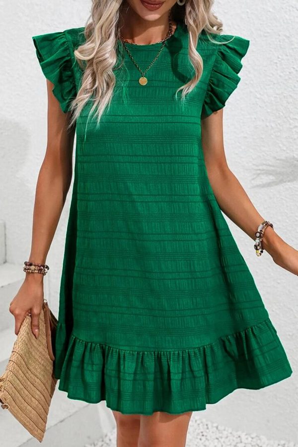 Short Dresses | Women Dark Green Textured Flutter Sleeve Ruffle Mini Dress - Image 2