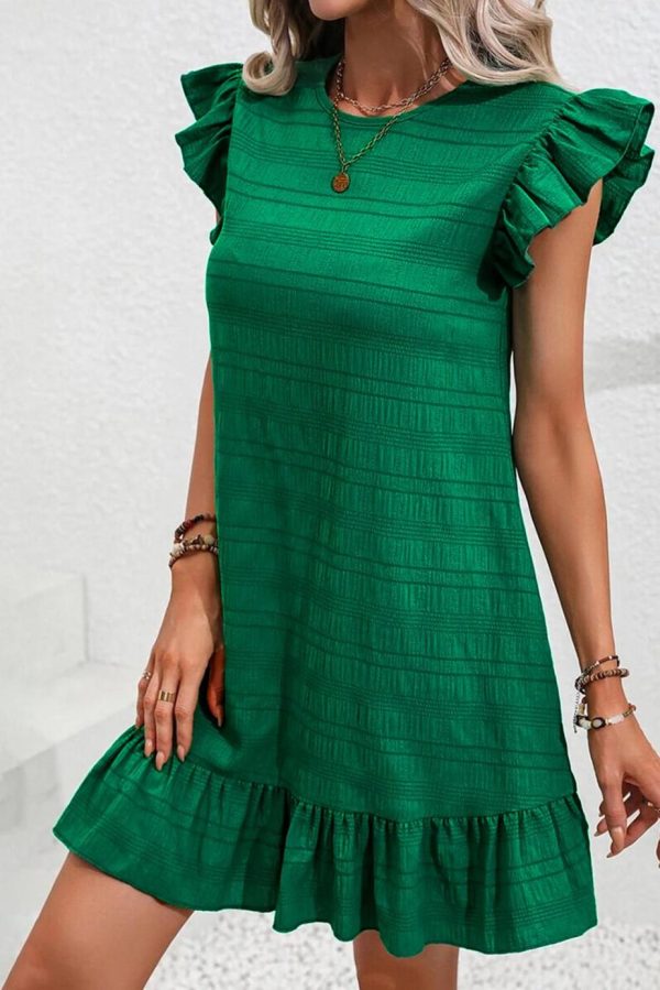 Short Dresses | Women Dark Green Textured Flutter Sleeve Ruffle Mini Dress - Image 3