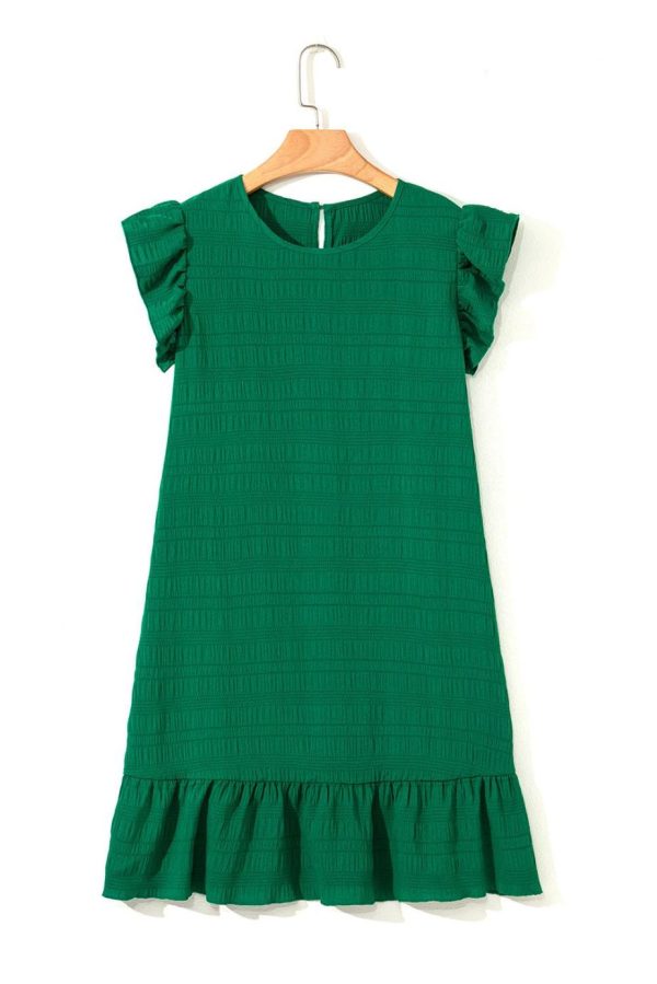 Short Dresses | Women Dark Green Textured Flutter Sleeve Ruffle Mini Dress - Image 4