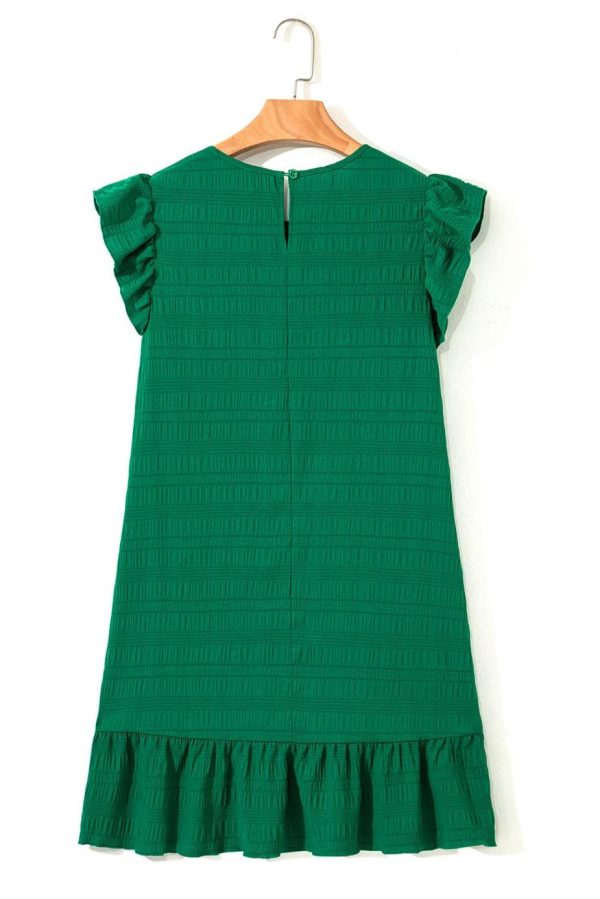 Short Dresses | Women Dark Green Textured Flutter Sleeve Ruffle Mini Dress - Image 5