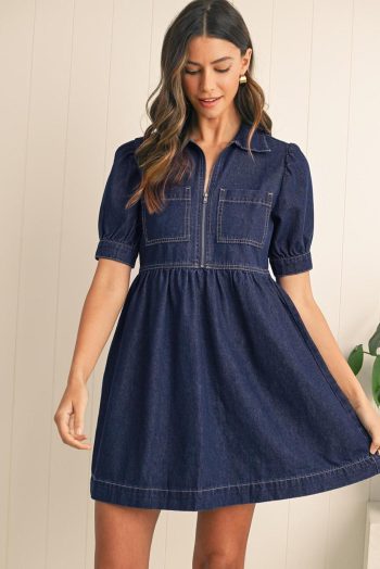 Short Dresses | Women Dirty Blue Puff Sleeve Half Zipper Denim Flowy Dress