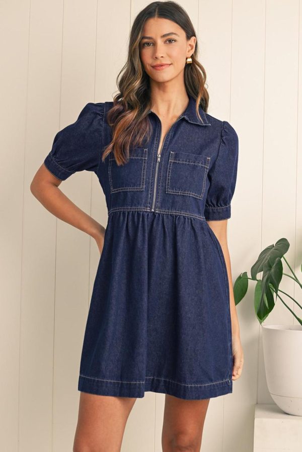 Short Dresses | Women Dirty Blue Puff Sleeve Half Zipper Denim Flowy Dress - Image 2