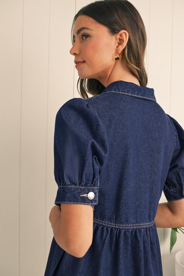 Short Dresses | Women Dirty Blue Puff Sleeve Half Zipper Denim Flowy Dress - Image 6