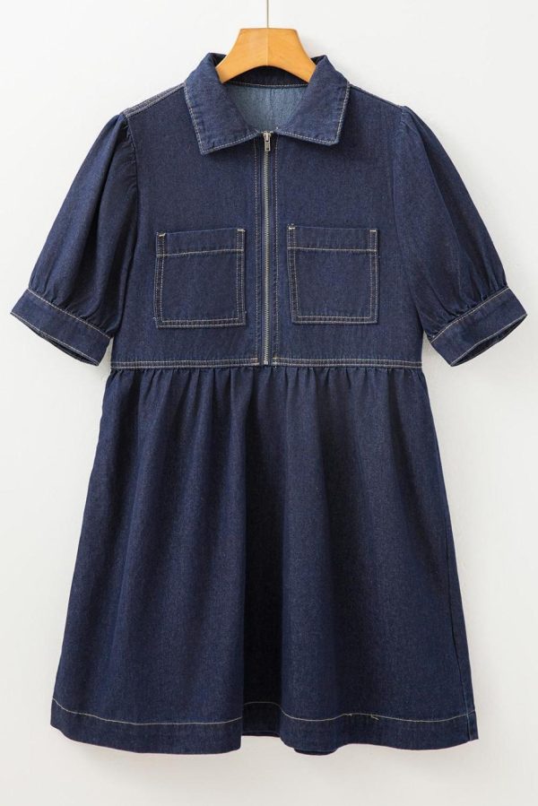 Short Dresses | Women Dirty Blue Puff Sleeve Half Zipper Denim Flowy Dress - Image 7