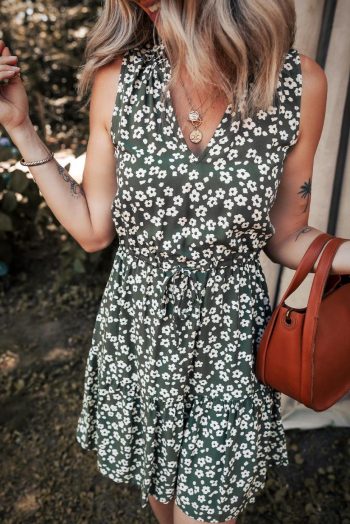 Short Dresses | Women Green Boho Floral Print V Neck Knot Waist Sleeveless Dress