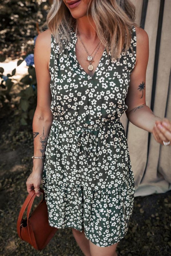 Short Dresses | Women Green Boho Floral Print V Neck Knot Waist Sleeveless Dress - Image 2