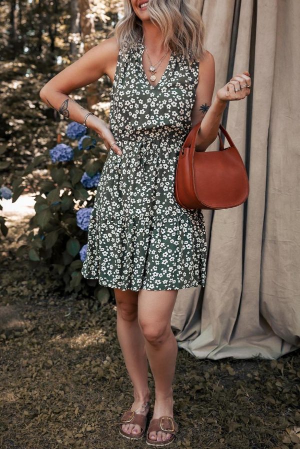 Short Dresses | Women Green Boho Floral Print V Neck Knot Waist Sleeveless Dress - Image 3