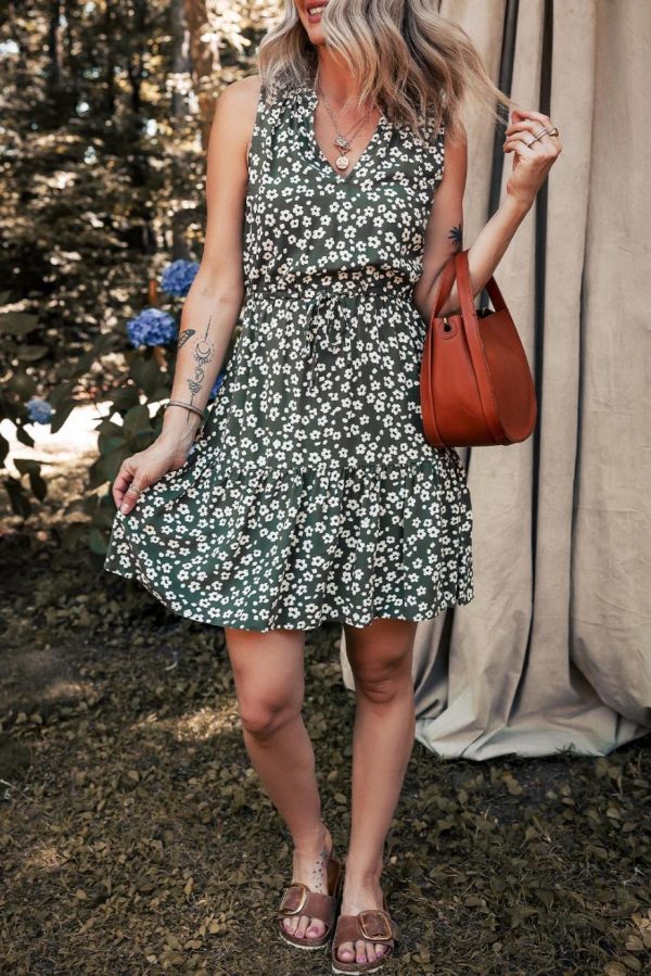 Short Dresses | Women Green Boho Floral Print V Neck Knot Waist Sleeveless Dress - Image 4