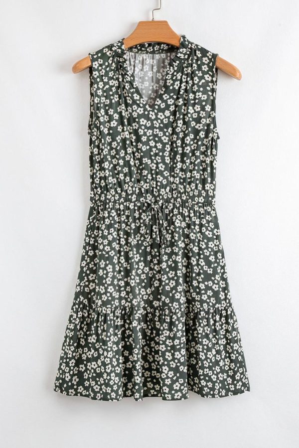 Short Dresses | Women Green Boho Floral Print V Neck Knot Waist Sleeveless Dress - Image 5