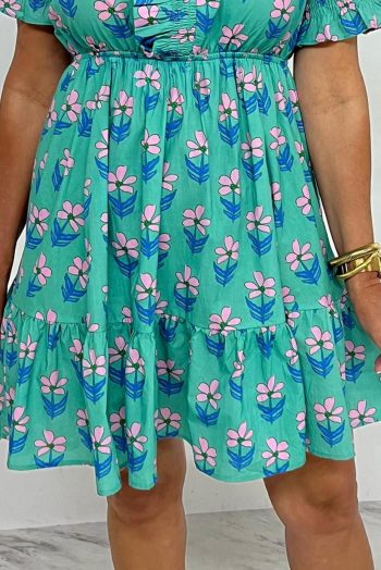 Short Dresses | Women Green Floral Print Frilly Smocked High Waist Mini Dress