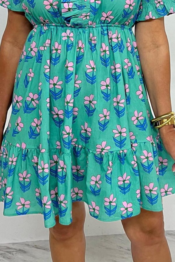 Short Dresses | Women Green Floral Print Frilly Smocked High Waist Mini Dress