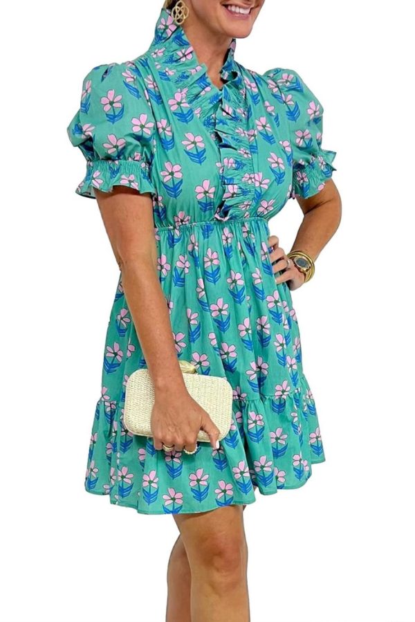 Short Dresses | Women Green Floral Print Frilly Smocked High Waist Mini Dress - Image 2