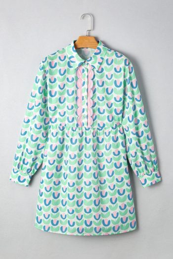 Short Dresses | Women Green Floral Print Scallop Trim Pocket Mini Dress