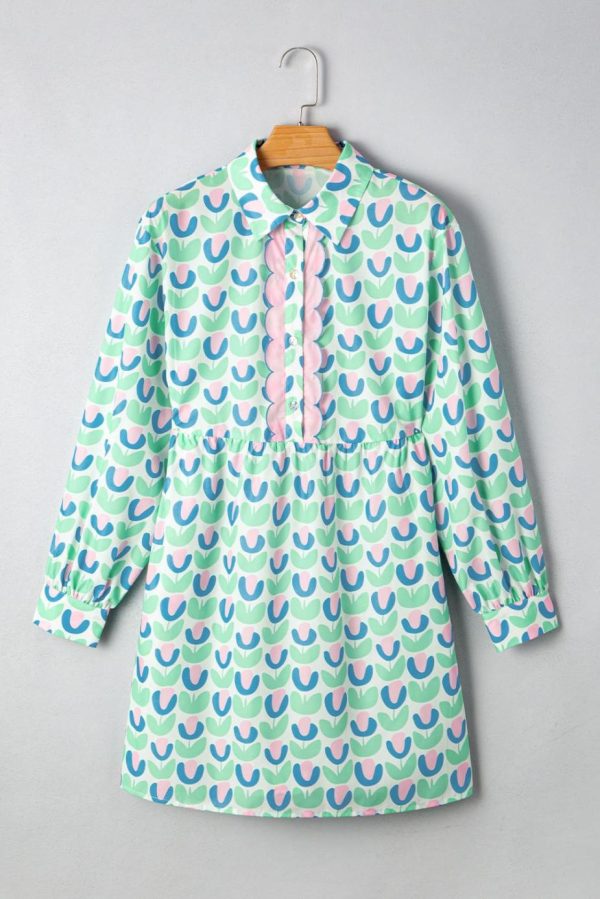 Short Dresses | Women Green Floral Print Scallop Trim Pocket Mini Dress