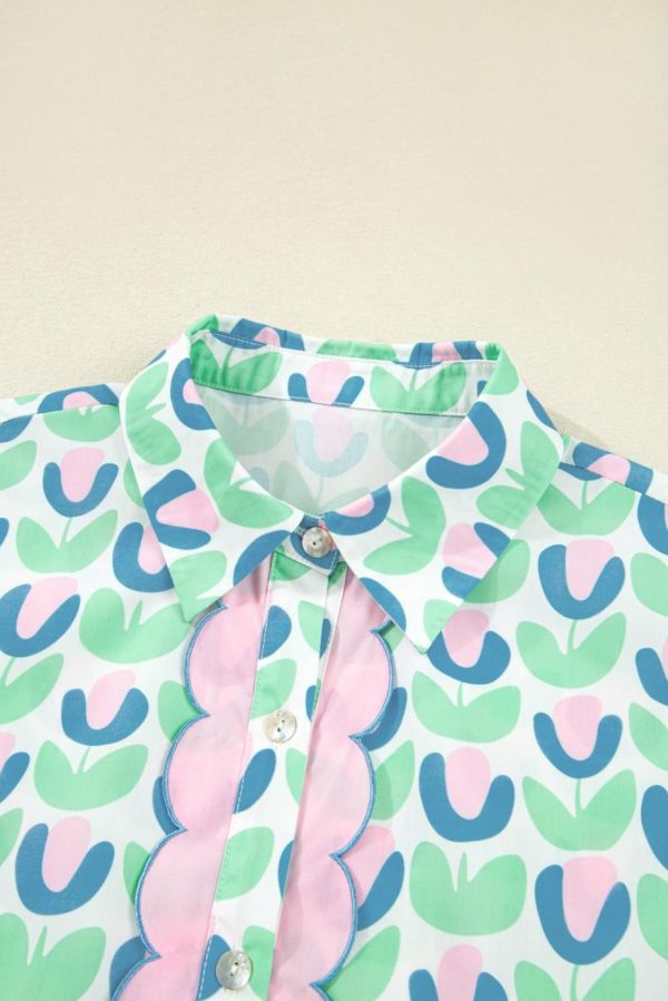 Short Dresses | Women Green Floral Print Scallop Trim Pocket Mini Dress - Image 3