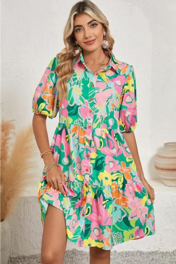 Short Dresses | Women Green Floral Puff Sleeve Buttoned Babydoll Dress