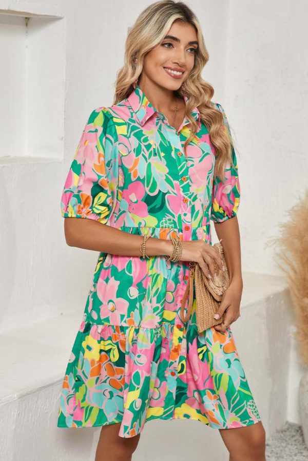 Short Dresses | Women Green Floral Puff Sleeve Buttoned Babydoll Dress - Image 2