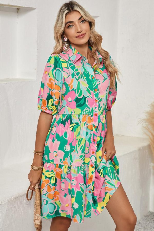 Short Dresses | Women Green Floral Puff Sleeve Buttoned Babydoll Dress - Image 3