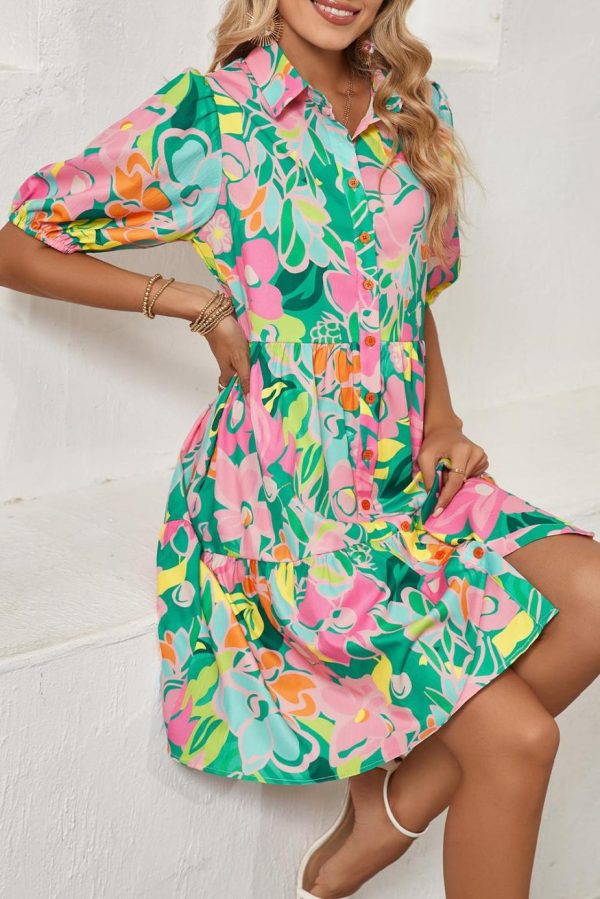 Short Dresses | Women Green Floral Puff Sleeve Buttoned Babydoll Dress - Image 5