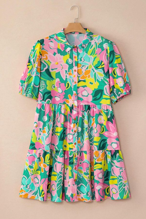 Short Dresses | Women Green Floral Puff Sleeve Buttoned Babydoll Dress - Image 6