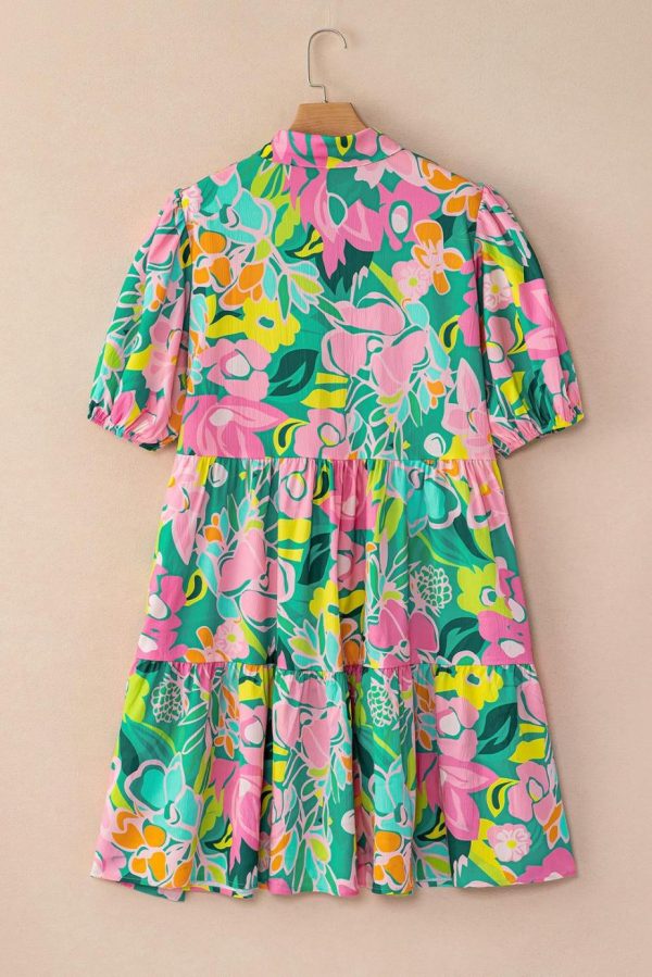 Short Dresses | Women Green Floral Puff Sleeve Buttoned Babydoll Dress - Image 7