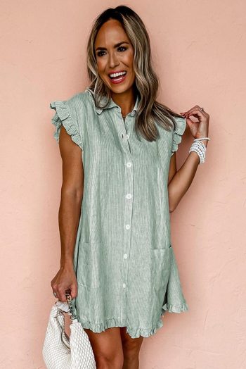 Short Dresses | Women Green Stripe Frill Trim Pocket Button Up Mini Dress