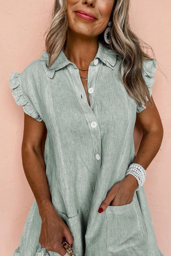 Short Dresses | Women Green Stripe Frill Trim Pocket Button Up Mini Dress - Image 4