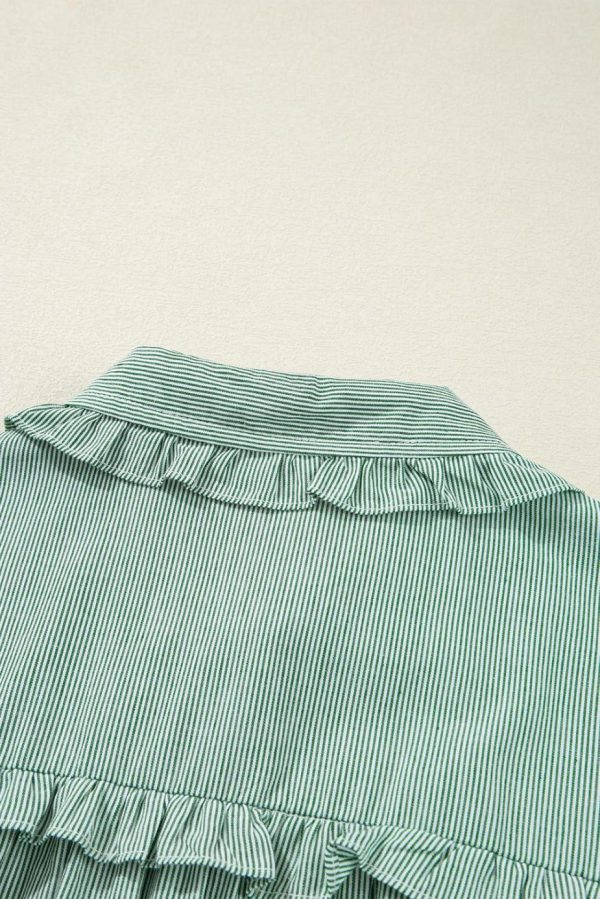 Short Dresses | Women Green Stripe Frill Trim Pocket Button Up Mini Dress - Image 6