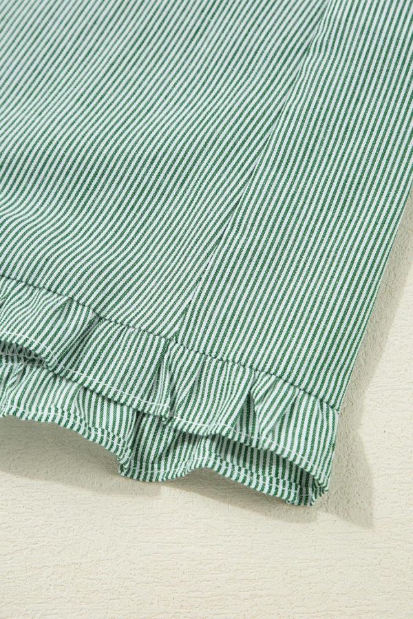 Short Dresses | Women Green Stripe Frill Trim Pocket Button Up Mini Dress - Image 7