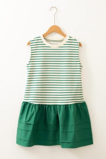 Short Dresses | Women Green Stripe Woven Ruffled Sleeveless Mini Dress