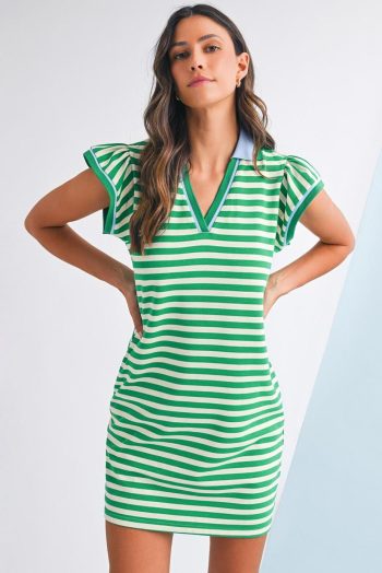 Short Dresses | Women Green Striped Ruffle Short Sleeve Pop Of Color Neckline Dress