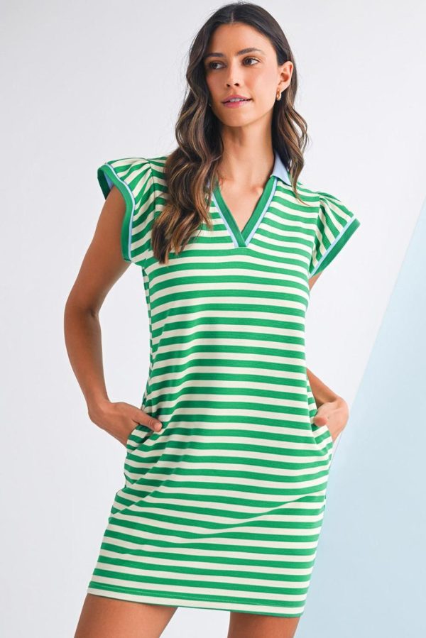 Short Dresses | Women Green Striped Ruffle Short Sleeve Pop Of Color Neckline Dress - Image 2