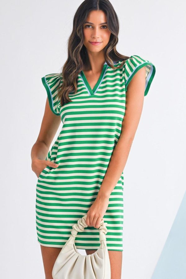 Short Dresses | Women Green Striped Ruffle Short Sleeve Pop Of Color Neckline Dress - Image 3