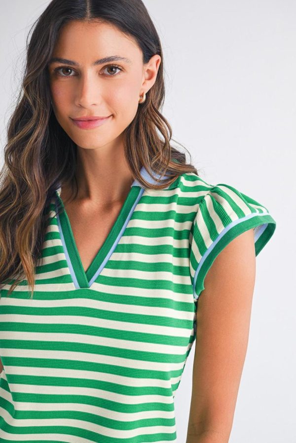 Short Dresses | Women Green Striped Ruffle Short Sleeve Pop Of Color Neckline Dress - Image 4