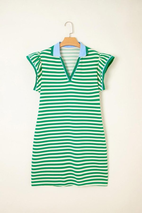 Short Dresses | Women Green Striped Ruffle Short Sleeve Pop Of Color Neckline Dress - Image 5