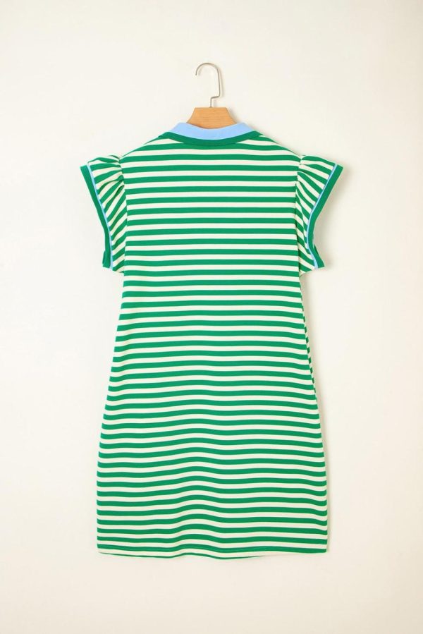 Short Dresses | Women Green Striped Ruffle Short Sleeve Pop Of Color Neckline Dress - Image 6