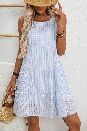 Short Dresses | Women Light Blue Gingham High Waist Sleeveless Mini Dress