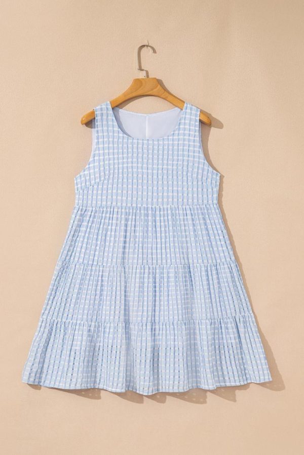 Short Dresses | Women Light Blue Gingham High Waist Sleeveless Mini Dress - Image 2