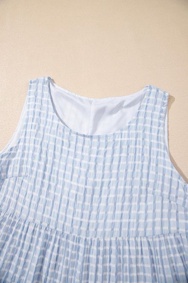 Short Dresses | Women Light Blue Gingham High Waist Sleeveless Mini Dress - Image 4
