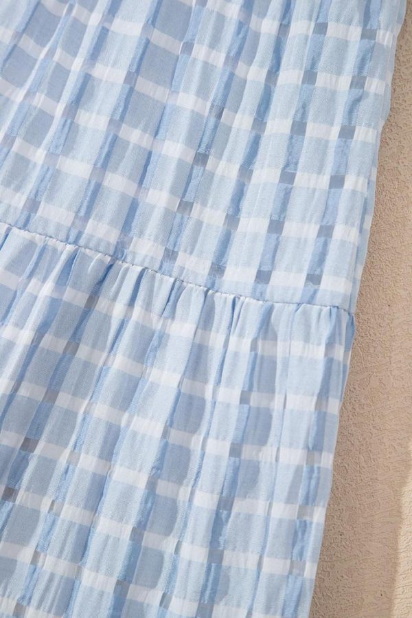 Short Dresses | Women Light Blue Gingham High Waist Sleeveless Mini Dress - Image 6