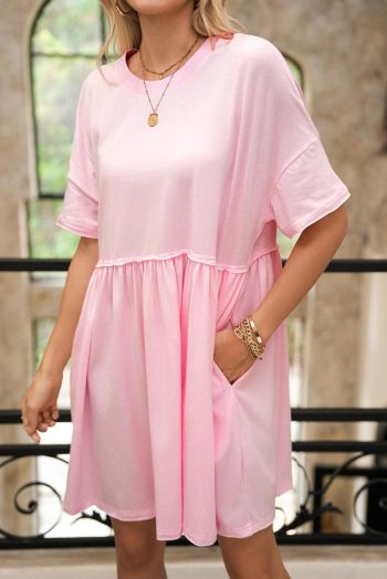 Short Dresses | Women Light Pink Solid Color Pocket Raw Edge Babydoll Dress